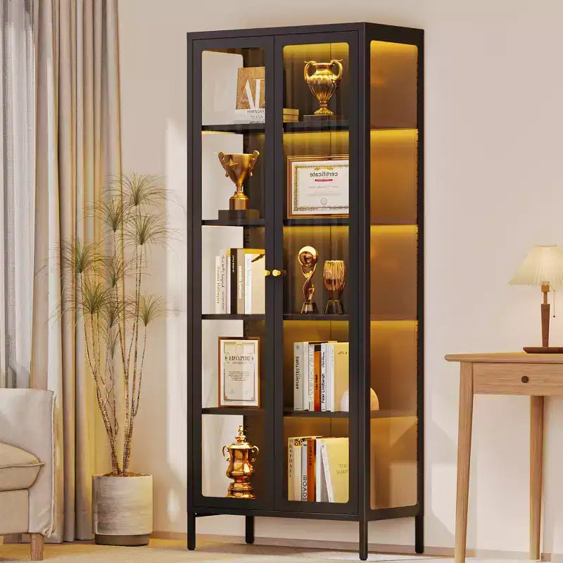 Bekrvio 67H Vitrine en Verre à 3 Côtés avec Lumières LED, Rangement à 5 Niveaux avec Double Porte et Cadre Métallique pour Objets de Collection, Idéale pour les Petits Espaces