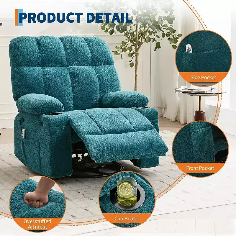 Fauteuil inclinable surdimensionné pour adultes, canapé berçant pivotant manuel, poches latérales et porte-gobelets pour personnes fortes et de grande taille, salon