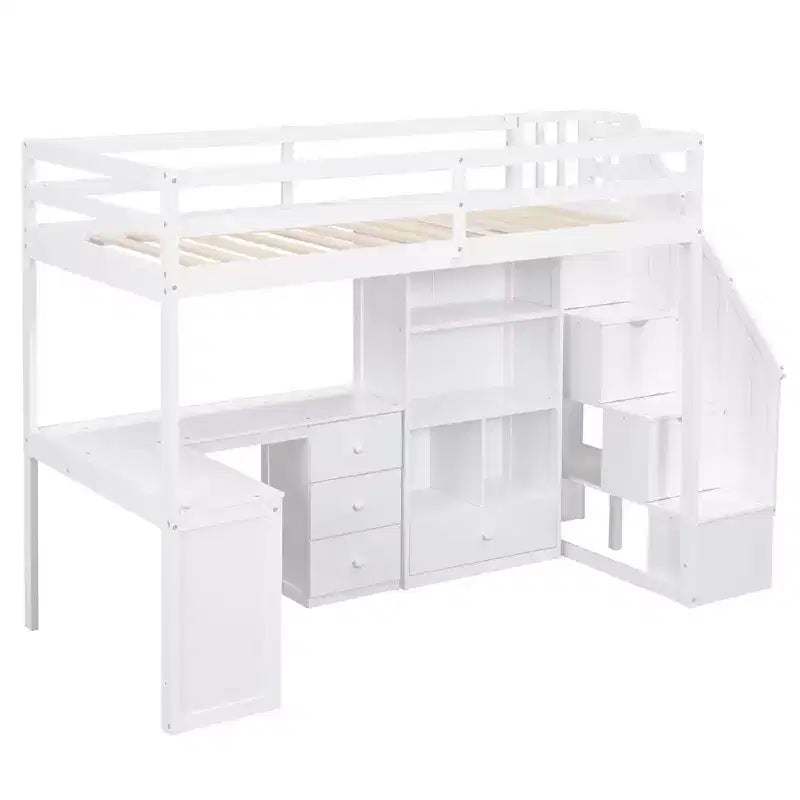 Lit mezzanine une place avec bureau en L, 3 tiroirs, placard, rangements intégrés dans l'escalier, en pin massif/MDF