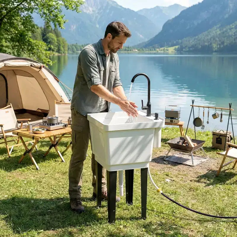Évier utilitaire portable pour buanderie, bac à laver autoportant avec robinet, distributeur de savon et tuyaux