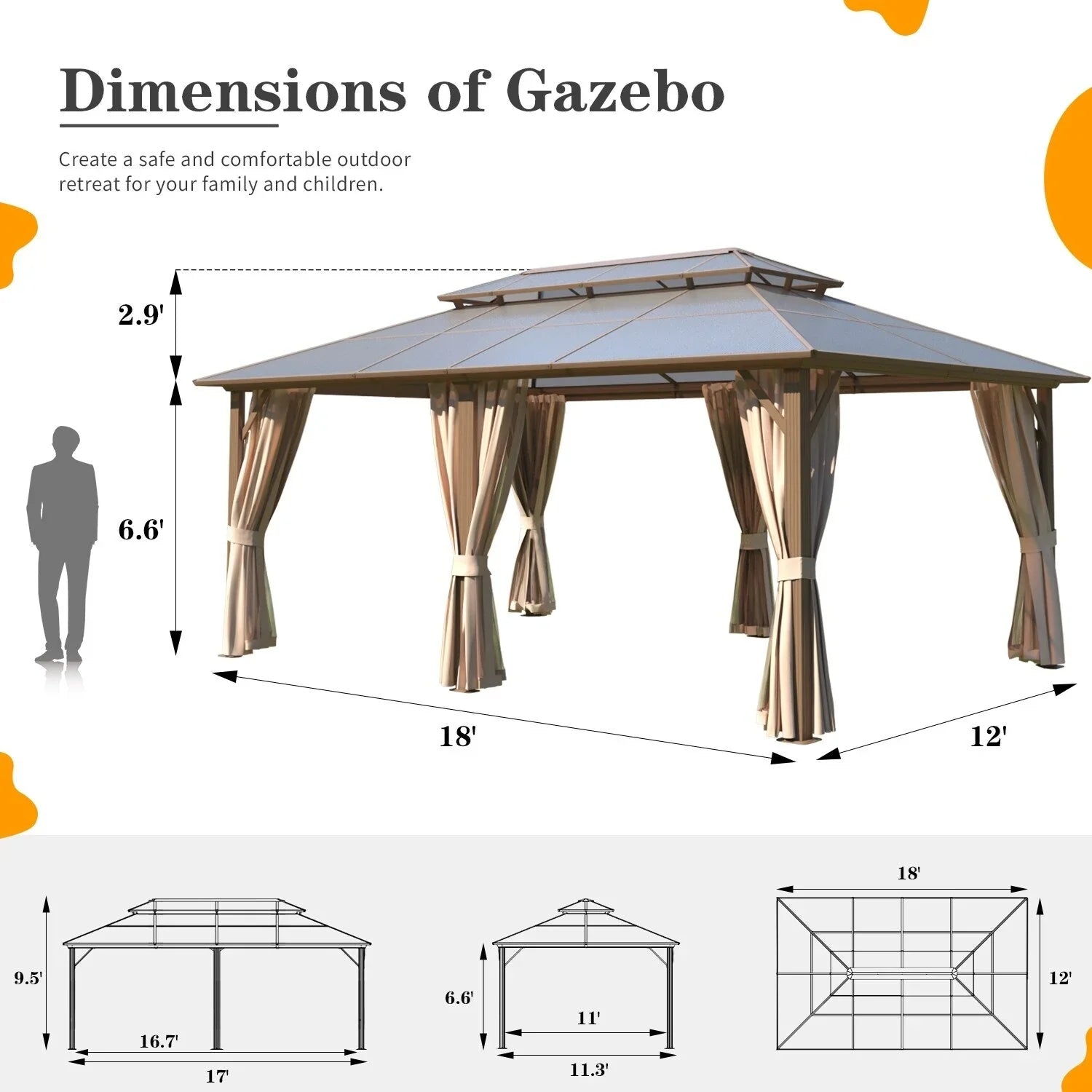 Tonnelle EROMMY à toit rigide, pergola extérieure avec double toit, moustiquaire et rideaux, auvent robuste pour patio, jardin, fête au bord de la piscine
