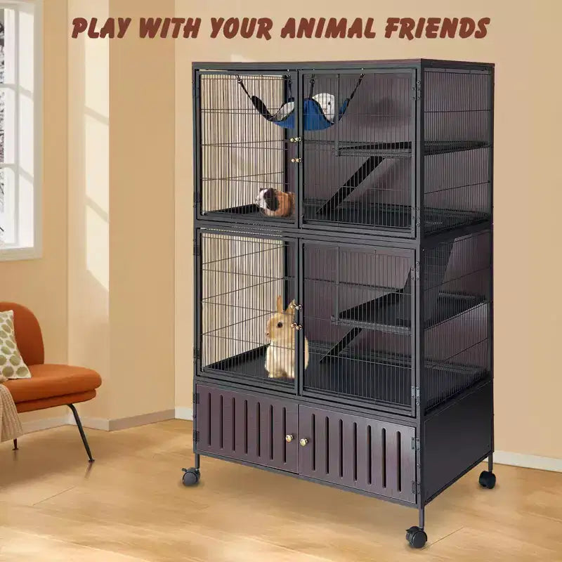 Grande Cage pour Petits Animaux, Cage à Furets - Habitat à 5 Niveaux de 150 cm avec Armoire de Rangement, Comprend Hamac/Roues/Rampes Amovibles/Plateaux Faciles à Nettoyer