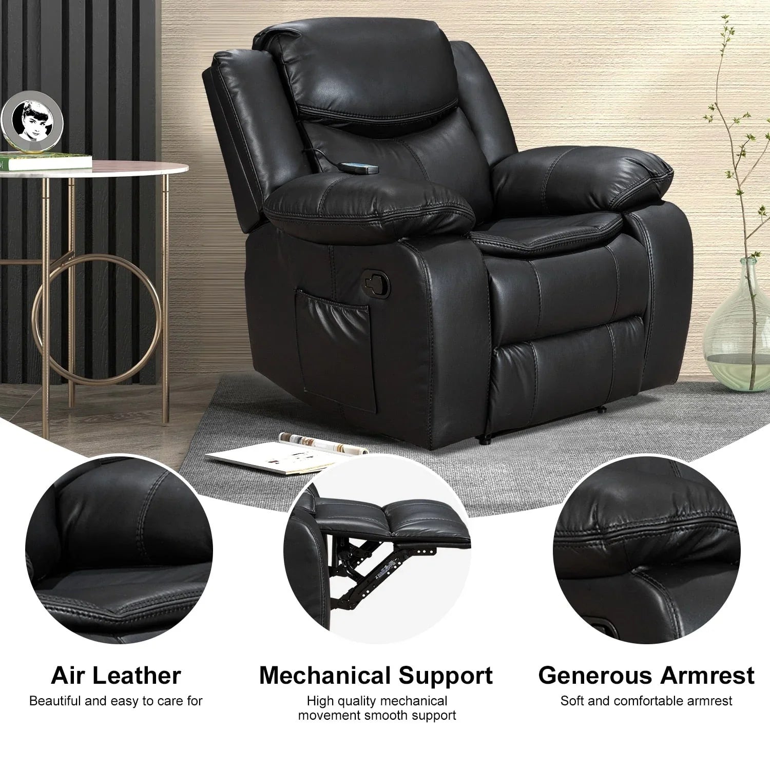 Fauteuil inclinable massant et chauffant en cuir, assise large et durable