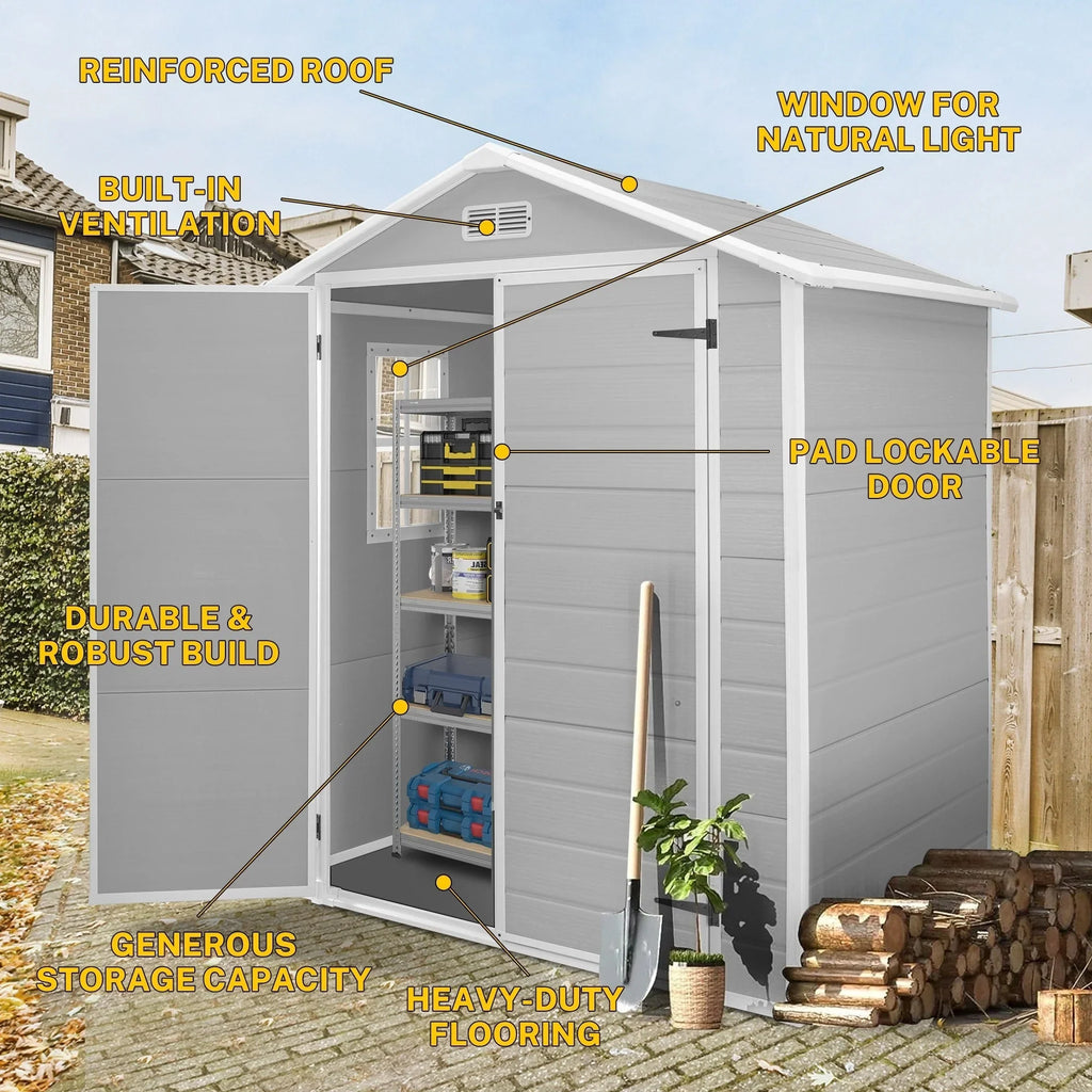 Abri de jardin en résine toutes saisons avec plancher, 1,8 m x 1,2 m/1,8 m x 2,4 m/2,4 m x 1,8 m/2,4 m x 3 m, Spire Tool Shed