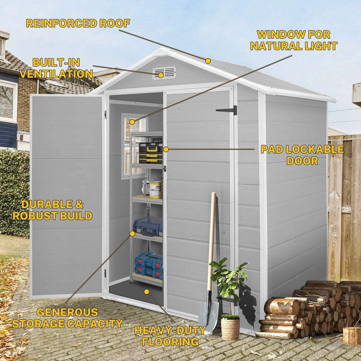 Abri de jardin en résine toutes saisons avec plancher, 1,8 m x 1,2 m/1,8 m x 2,4 m/2,4 m x 1,8 m/2,4 m x 3 m, Spire Tool Shed