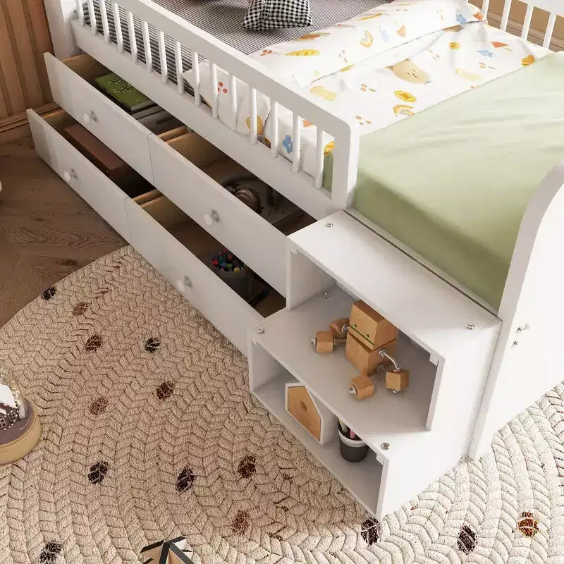 Lit mezzanine bas Whisen avec lumières LED, tête de lit en forme de maison et tiroirs de rangement, construction robuste