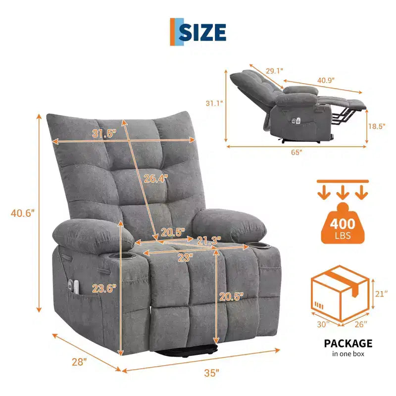 Fauteuil inclinable releveur électrique pour personnes âgées avec fonctions massage et chauffage, inclinable surdimensionné avec fonctions massage et chauffage, revêtement doux et rembourré, poche latérale et porte-gobelets