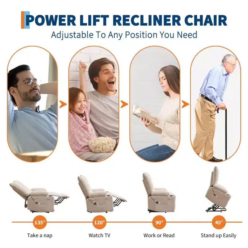 Fauteuil inclinable releveur électrique pour personnes âgées avec fonctions massage et chauffage, inclinable surdimensionné avec fonctions massage et chauffage, revêtement doux et rembourré, poche latérale et porte-gobelets
