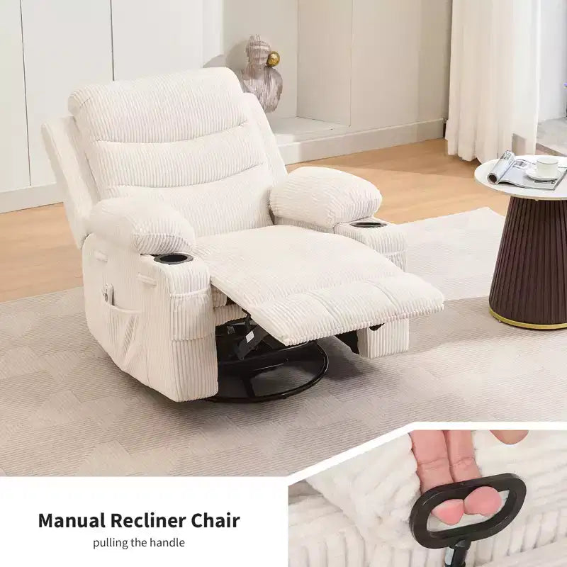 Fauteuil Inclinable Pivotant avec Massage et Chaleur, Fauteuil à Bascule 360° avec Porte-Gobelets et Poches Latérales, Canapé Ergonomique pour Salon, Camping-car, Chambre de Bébé