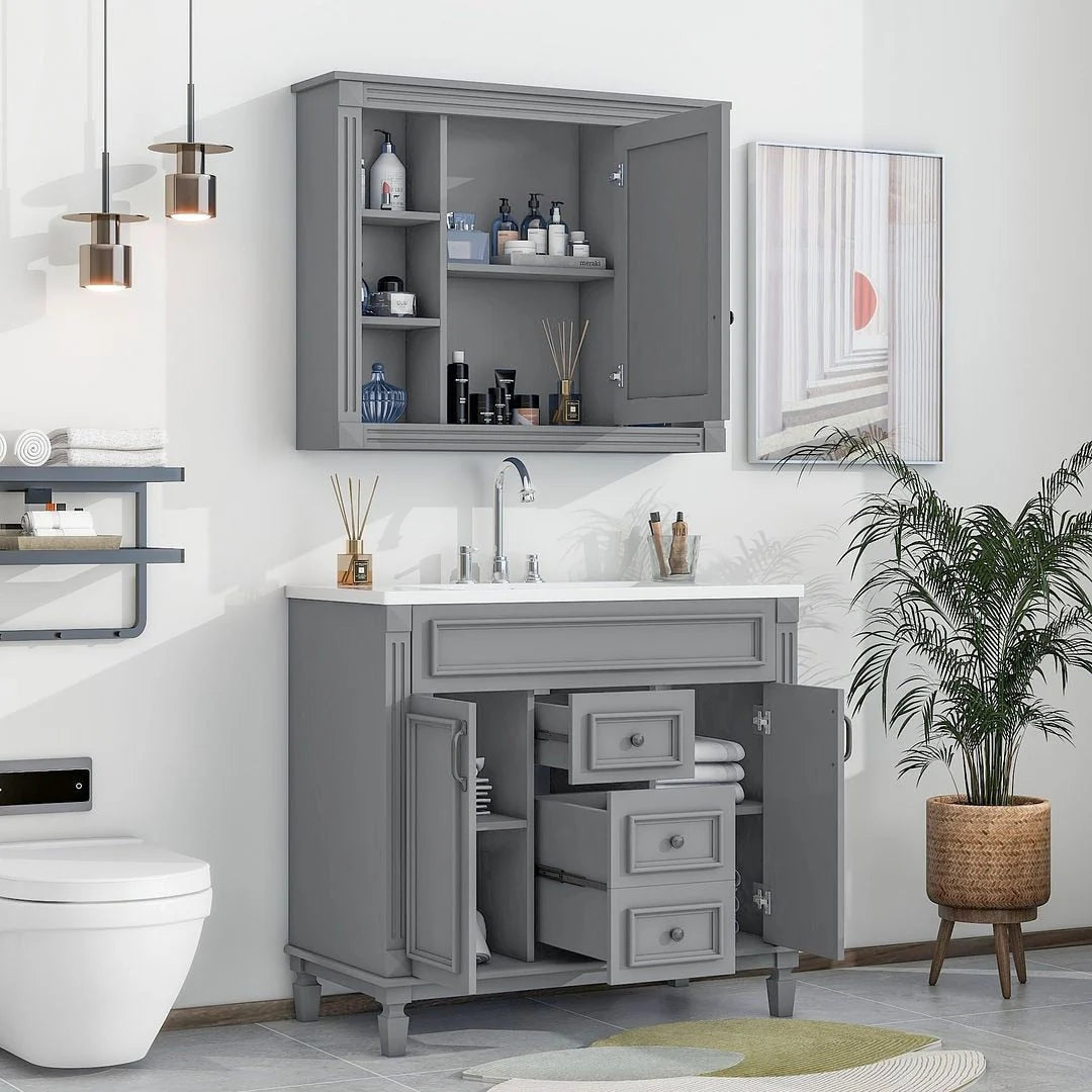 Meuble-lavabo de salle de bain moderne de 91 cm avec lavabo et armoire de toilette, 2 portes et 2 tiroirs