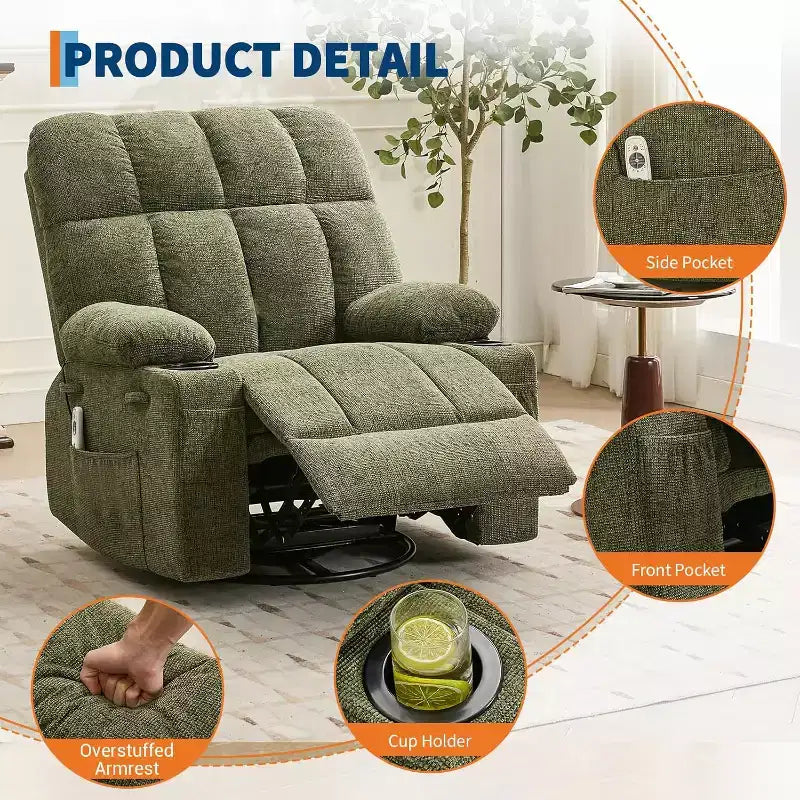 Fauteuil inclinable surdimensionné pour adultes, canapé berçant pivotant manuel, poches latérales et porte-gobelets pour personnes fortes et de grande taille, salon