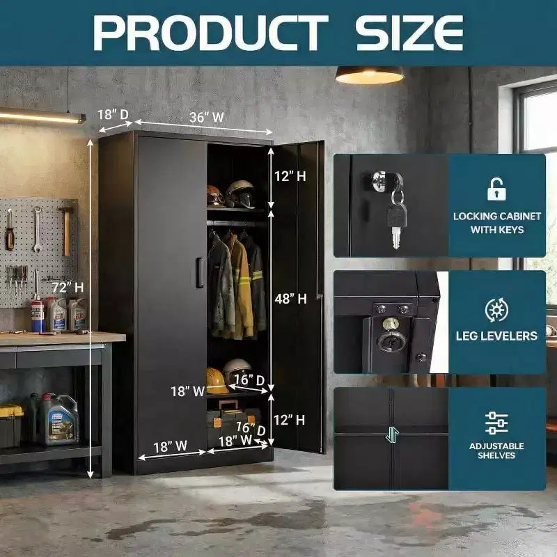 Armoire de rangement 72 po avec serrure, armoires de rangement de garage en métal noir avec étagères réglables et tringle à vêtements, armoire de rangement en métal pour la maison, la chambre