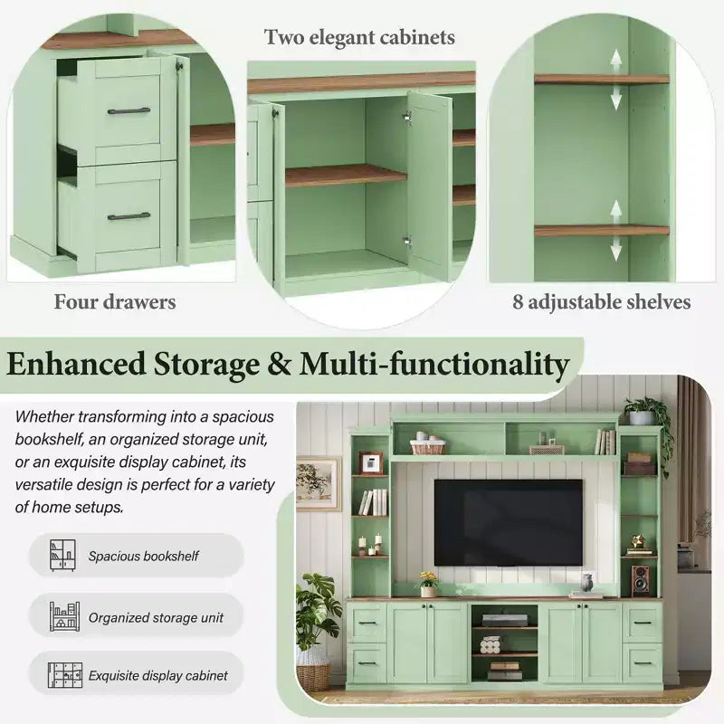 Meuble TV mural 4-en-1 ModernLuxe de style campagnard, convient aux téléviseurs jusqu'à 70 pouces, meuble TV console multimédia avec étagères réglables et tiroirs