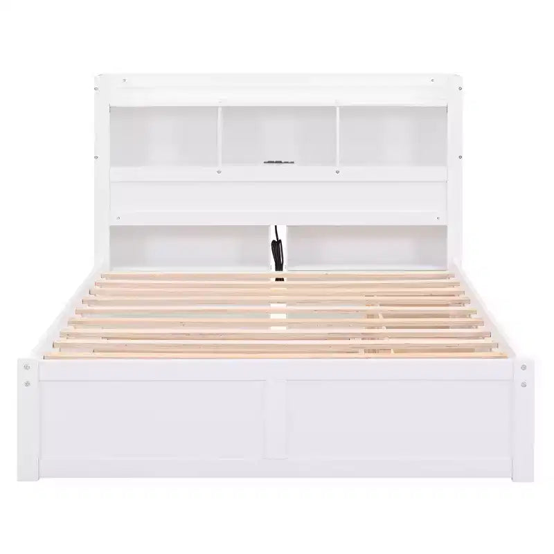 Lit plateforme complet avec lit gigogne, tête de lit bibliothèque et station de recharge, cadre de lit double en bois avec étagères et tiroirs