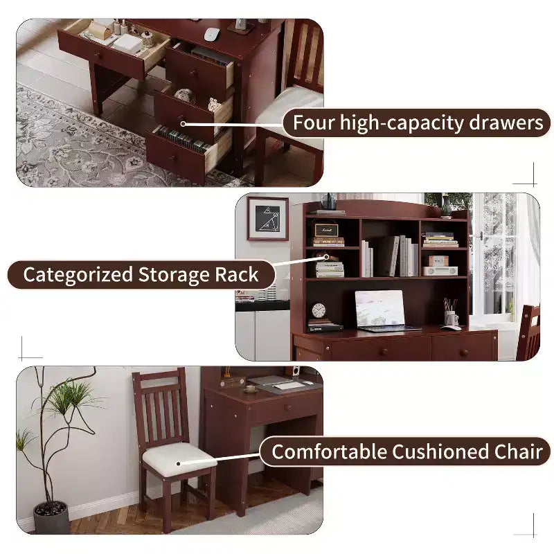 Bureau d'ordinateur en bois moderne Okak pour la maison avec plateau/chaise et étagère, bureau d'écriture de rangement pour adolescents et étudiants pour l'étude, le bureau