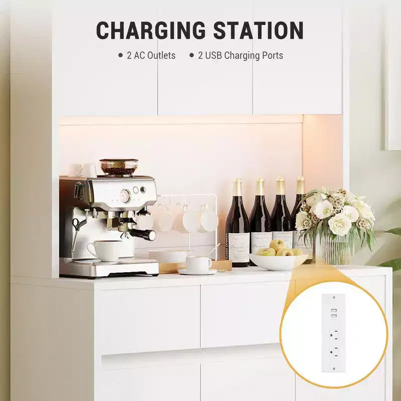 Armoire de cuisine de 71 pouces, vaisselier avec lumières LED et prises de courant, buffet avec support pour micro-ondes, étagères réglables