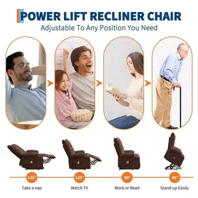 Fauteuil inclinable releveur électrique pour personnes âgées avec fonctions massage et chauffage, inclinable surdimensionné avec fonctions massage et chauffage, revêtement doux et rembourré, poche latérale et porte-gobelets