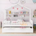 Acekool Lit cabane grandeur nature avec lit gigogne double, tiroirs de rangement et étagères, toit et clôture, lit plateforme pour enfants, blanc