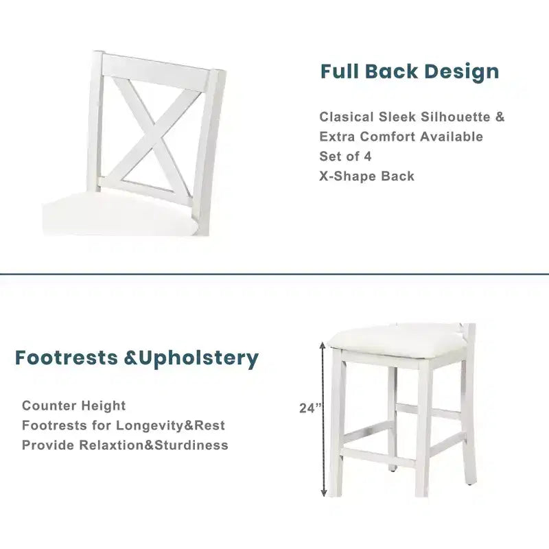 Ensemble table et chaises Homy Casa 5 pièces hauteur comptoir avec étagères de rangement, blanc et noyer, style ferme moderne
