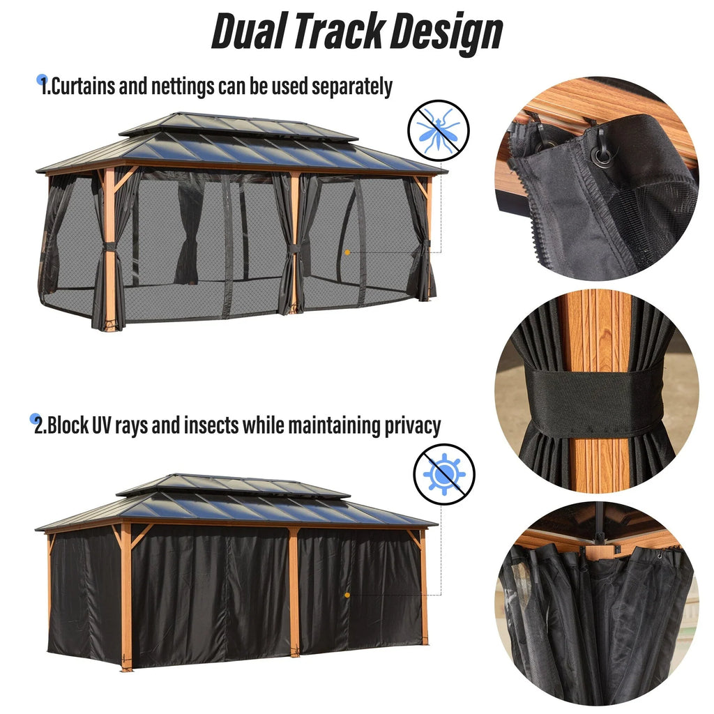 Tonnelle EROMMY à toit rigide, pergola extérieure avec double toit, moustiquaire et rideaux, auvent robuste pour patio, jardin, fête au bord de la piscine