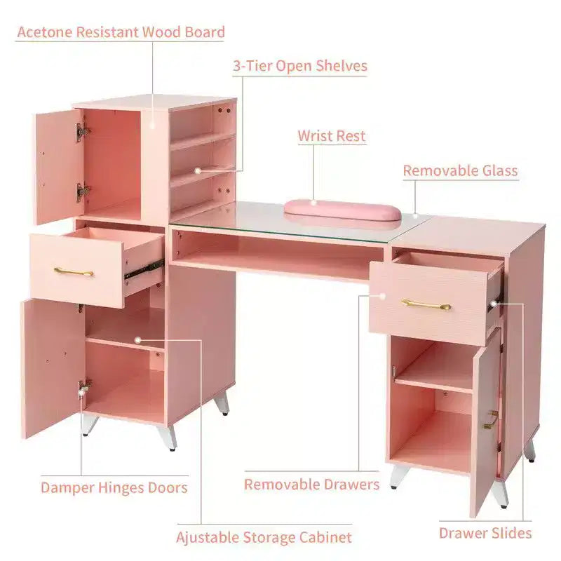 Bureau de manucure moderne noir/rose avec plateau en verre et repose-poignet, poste unique