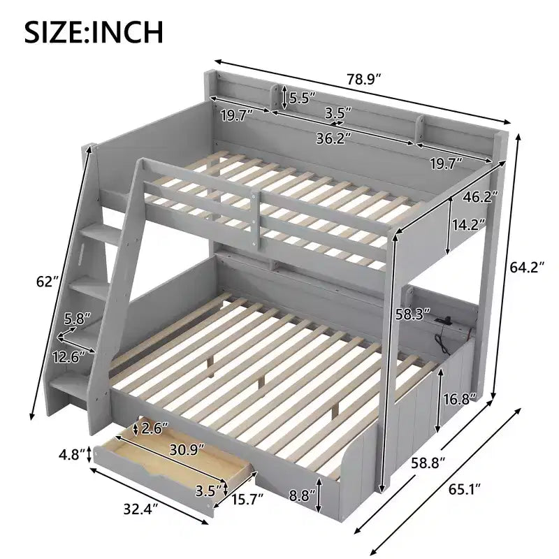 Lit superposé double sur toute la longueur avec rangement, lumières LED et station de charge, lit superposé en bois avec étagères latérales pour enfants et adolescents