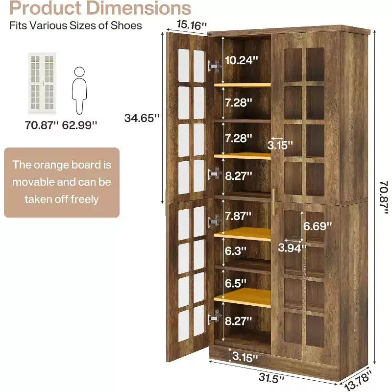 Meuble à chaussures haut Lantine avec portes, rangement à chaussures à 8 niveaux avec étagères réglables, armoire à chaussures moderne pour couloir, placard, salon, blanc