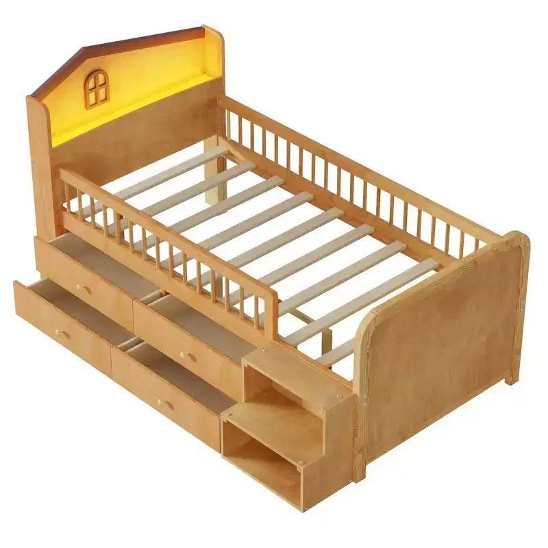 Lit mezzanine bas Whisen avec lumières LED, tête de lit en forme de maison et tiroirs de rangement, construction robuste