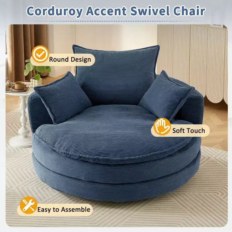 Fauteuil d'appoint pivotant à 360°, Fauteuil pivotant rond en forme de baril avec coussin pour salon