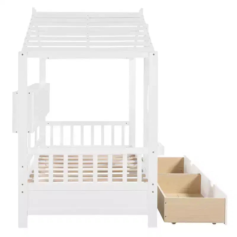Lit cabane en bois double/complet avec 2 tiroirs, lit pour enfants avec étagère de rangement - ModernLuxe
