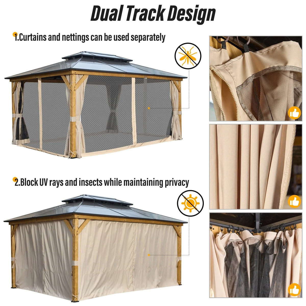 Tonnelle EROMMY à toit rigide, pergola extérieure avec double toit, moustiquaire et rideaux, auvent robuste pour patio, jardin, fête au bord de la piscine