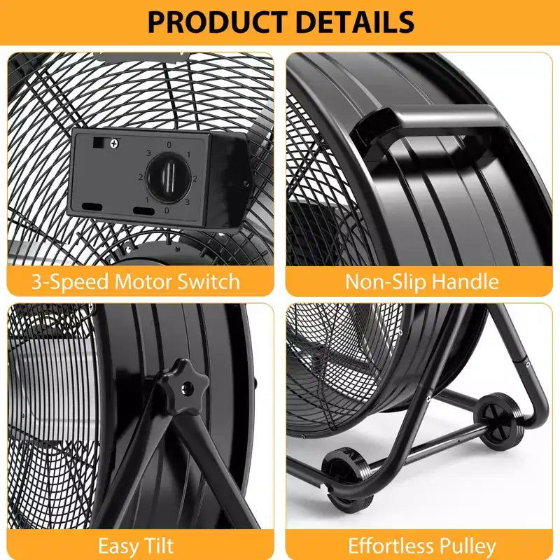 Ventilateur de sol, Ventilateur industriel - Ventilateur de tambour robuste de 24 pouces avec 4 vitesses, Circulateur d'air en métal pour entrepôt, atelier, garage, usine, sous-sol