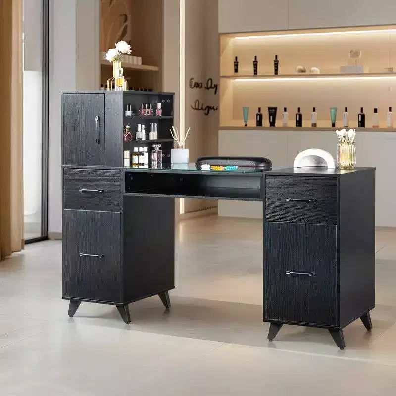 Bureau de manucure moderne noir/rose avec plateau en verre et repose-poignet, poste unique