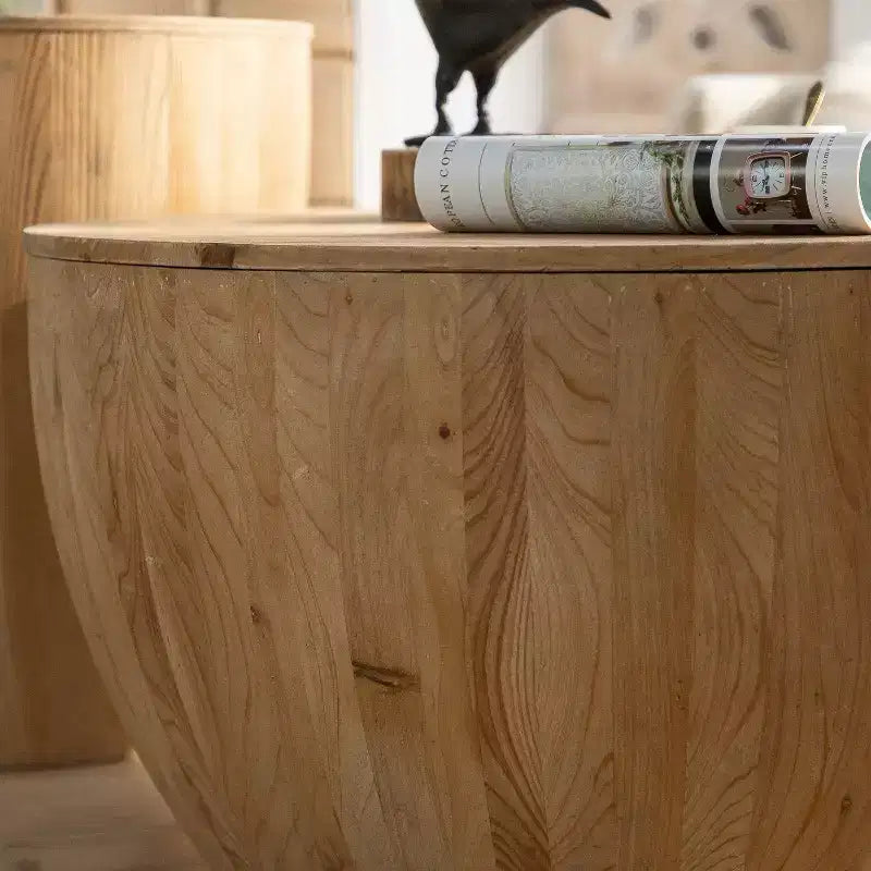 Table basse de rangement ronde et rétro en bois, adaptée au salon, à la salle à manger ou au bureau.