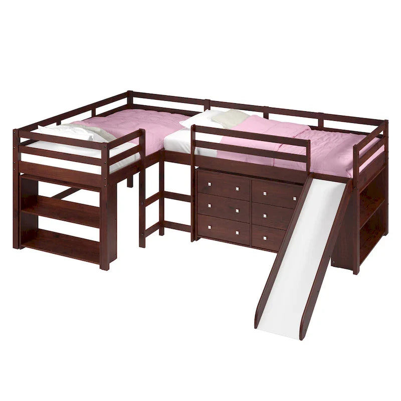 Ensemble de chambre mezzanine en L Double Twin avec toboggan, finition cappuccino foncé