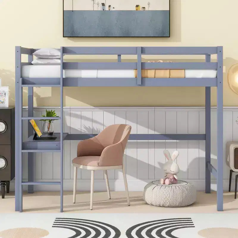 Lit mezzanine Okak Minimalism avec échelle, lit mezzanine simple en bois d'hévéa avec garde-corps de sécurité et bureau intégré, cadres de lit pour enfants, adolescents