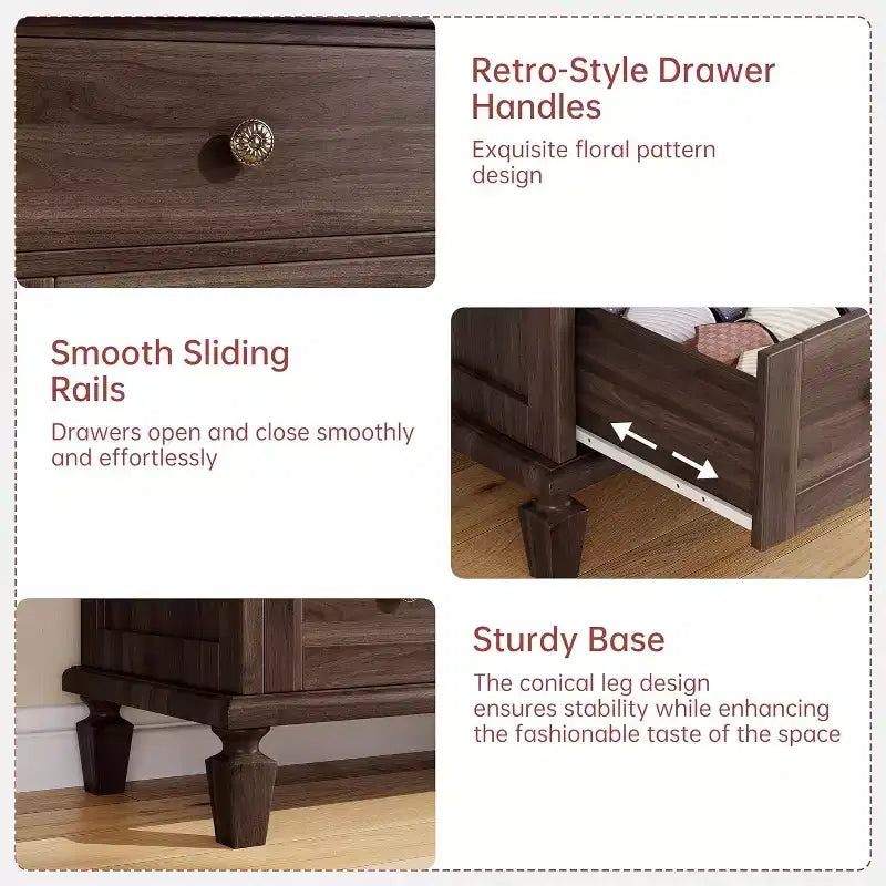 Commode à 8 tiroirs pour chambre à coucher, meuble TV vintage de 59 po avec poignées sculptées et pieds fuselés, commode en bois avec grande capacité de rangement