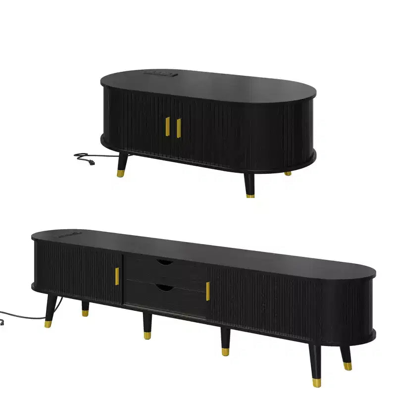 CLIHOME Meuble TV et table basse de ferme en bois avec station de recharge, console multimédia ovale cannelée pour TV jusqu'à 80 pouces