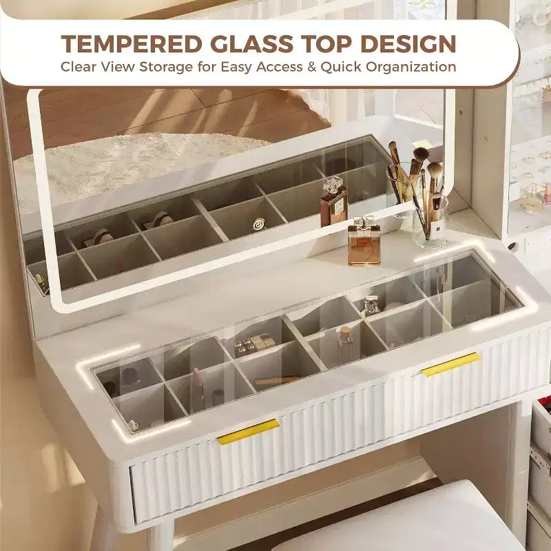 Coiffeuse de maquillage cannelée de 48 pouces avec grand miroir et lumières, coiffeuse de maquillage moderne avec station de charge et tabouret de rangement rembourré pour la maison