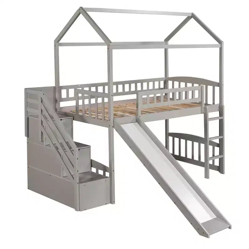 Lit mezzanine jumeau avec toboggan et escalier, lit mezzanine avec tiroirs de rangement, lit mezzanine cabane en bois pour enfants et tout-petits