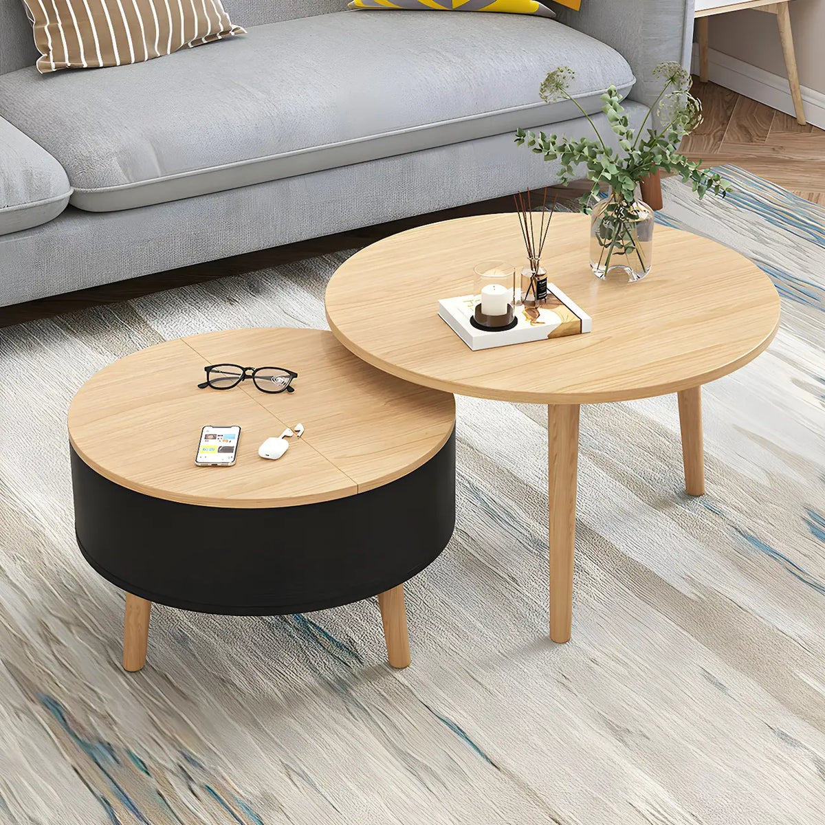 Table basse ronde moderne en bois noir et blanc avec rangement