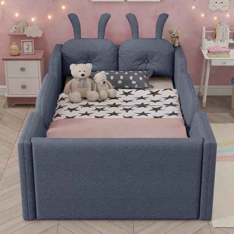 Lit plateforme double Whisen, cadre de lit rembourré pour enfants avec coussin lapin, barrières latérales amovibles