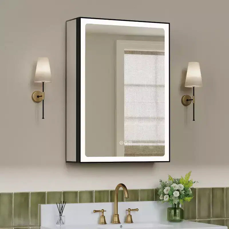 Armoire de toilette avec miroir LED, montage en saillie ou encastré, lumière dimmable, anti-buée, étagères réglables