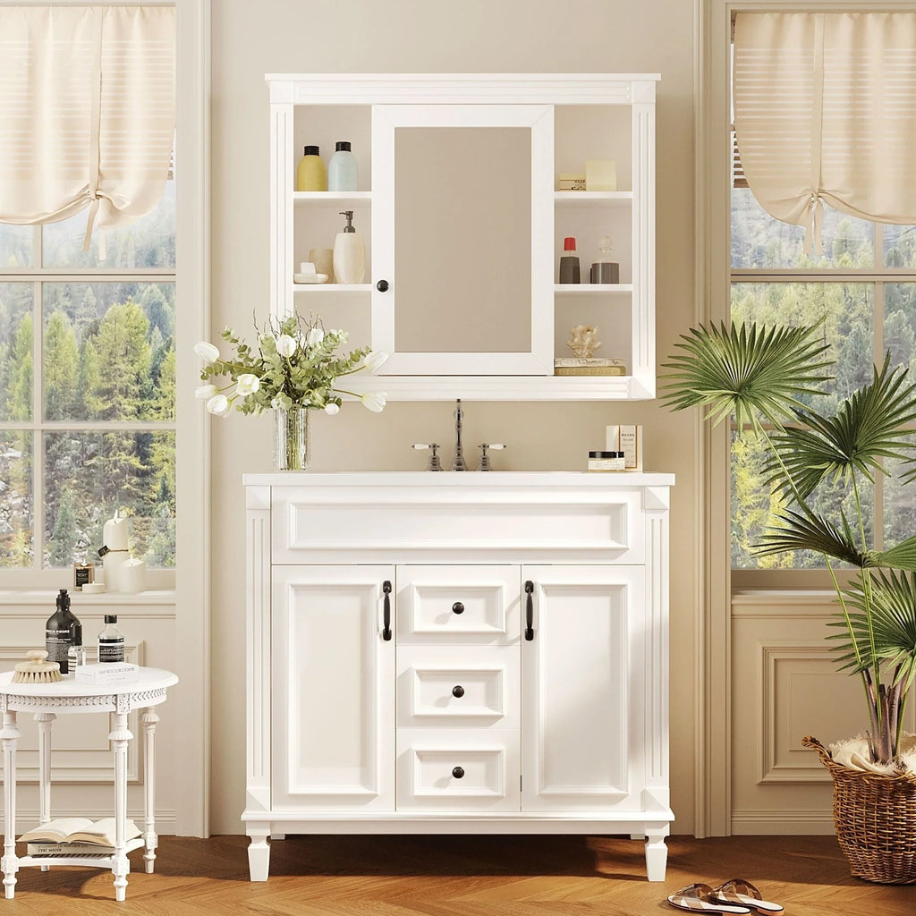 Meuble-lavabo de salle de bain moderne de 91 cm avec lavabo et armoire de toilette, 2 portes et 2 tiroirs