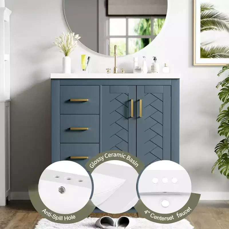 Meuble-lavabo de salle de bain à évier simple de 76 cm avec armoire et 3 tiroirs – Noir / Bleu / Vert / Indigo / Blanc