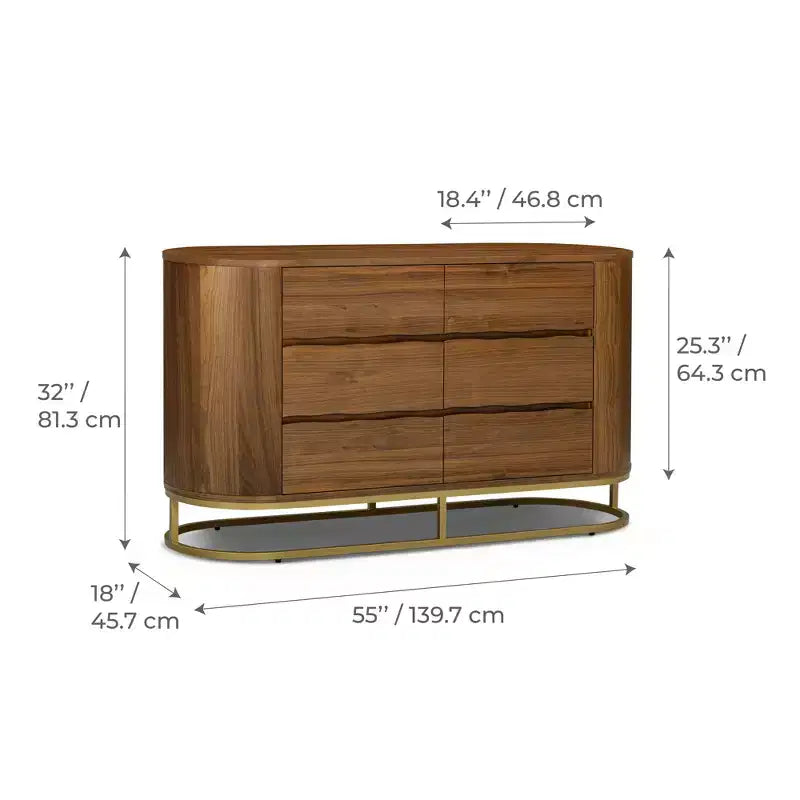 Commode moderne à 6 tiroirs avec plateau Live Edge, piètement en métal et construction en bois mélangé durable