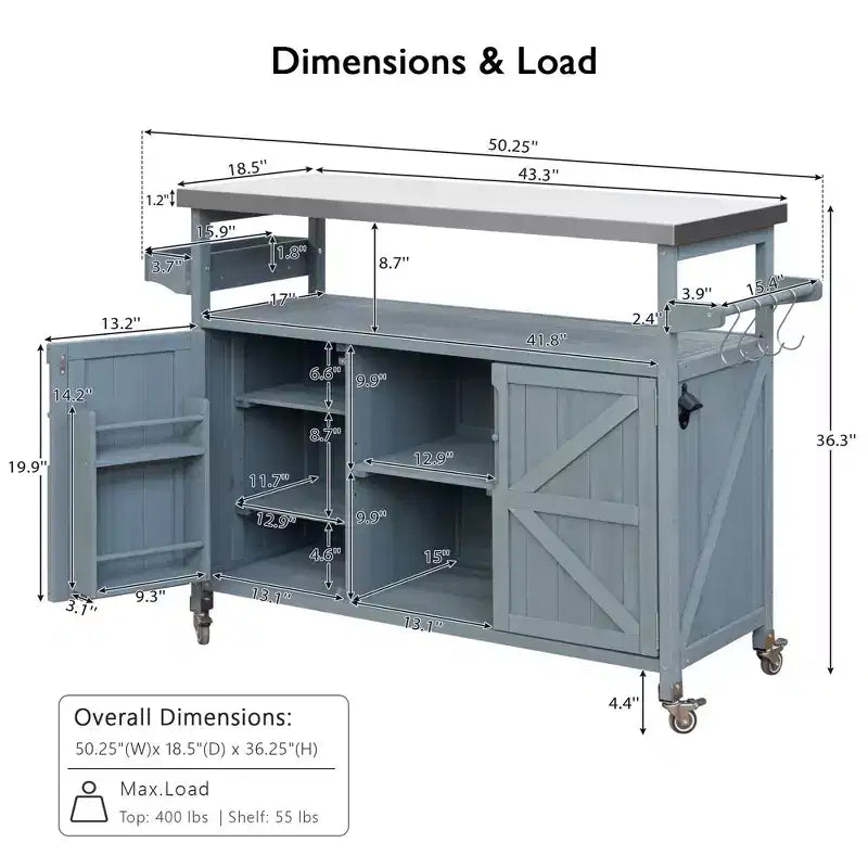 Îlot de cuisine d'extérieur Okak avec plateau en acier inoxydable, chariot de cuisine en bois avec portes, étagères et porte-épices, îlot de cuisine roulant