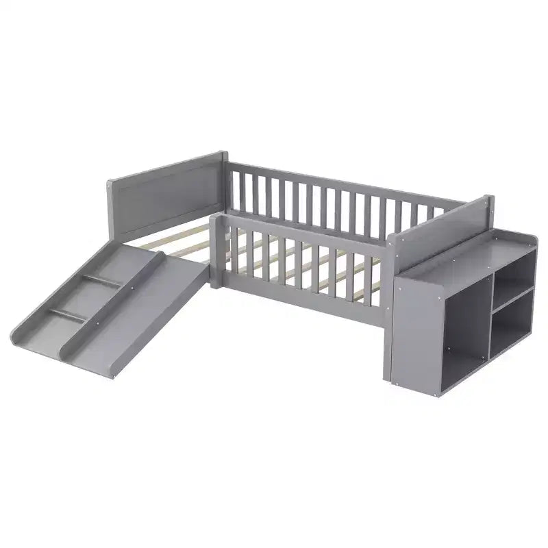 Lit superposé simple Whisen pour enfant avec toboggan, étagère de rangement mobile, balustrades, cadre de lit mezzanine bas