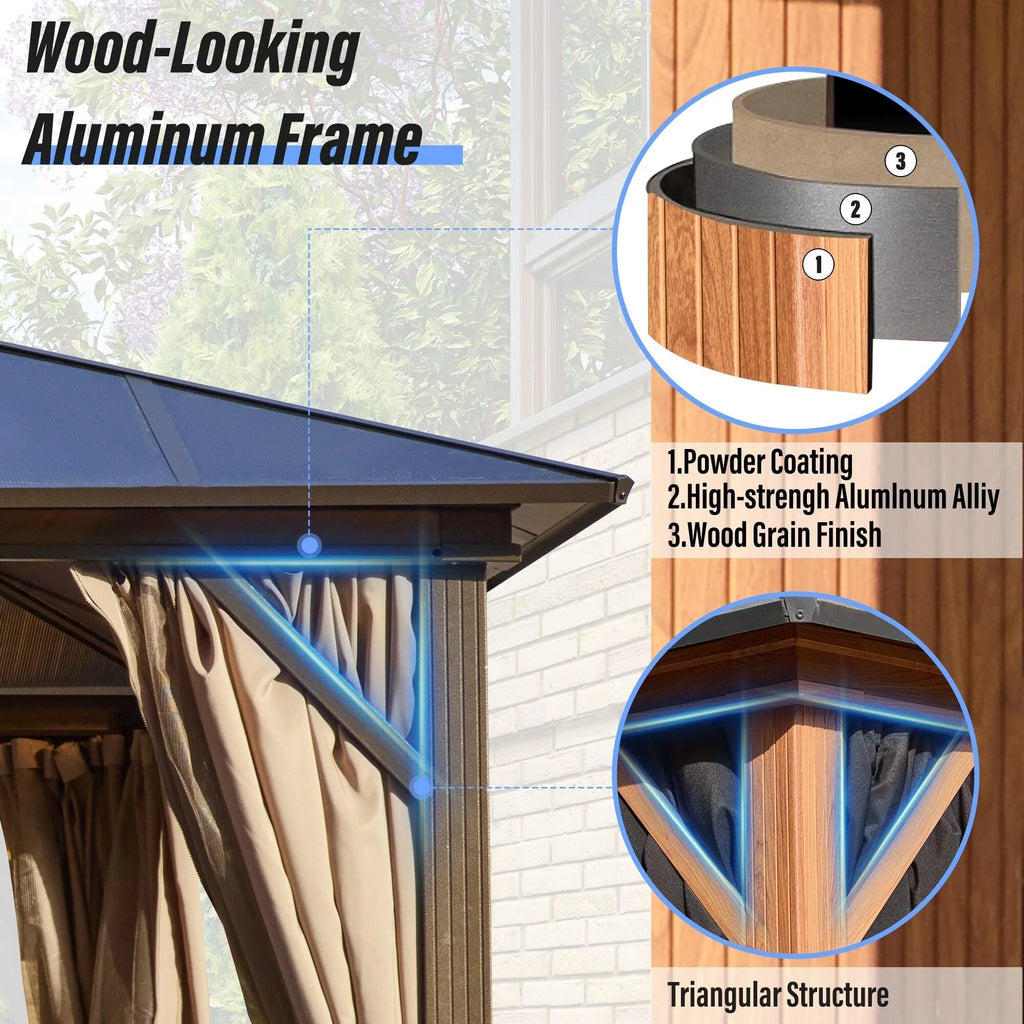 Tonnelle EROMMY à toit rigide, pergola extérieure avec double toit, moustiquaire et rideaux, auvent robuste pour patio, jardin, fête au bord de la piscine