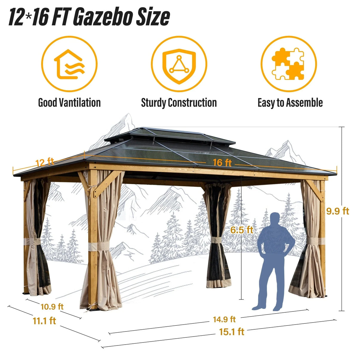 Tonnelle EROMMY à toit rigide, pergola extérieure avec double toit, moustiquaire et rideaux, auvent robuste pour patio, jardin, fête au bord de la piscine
